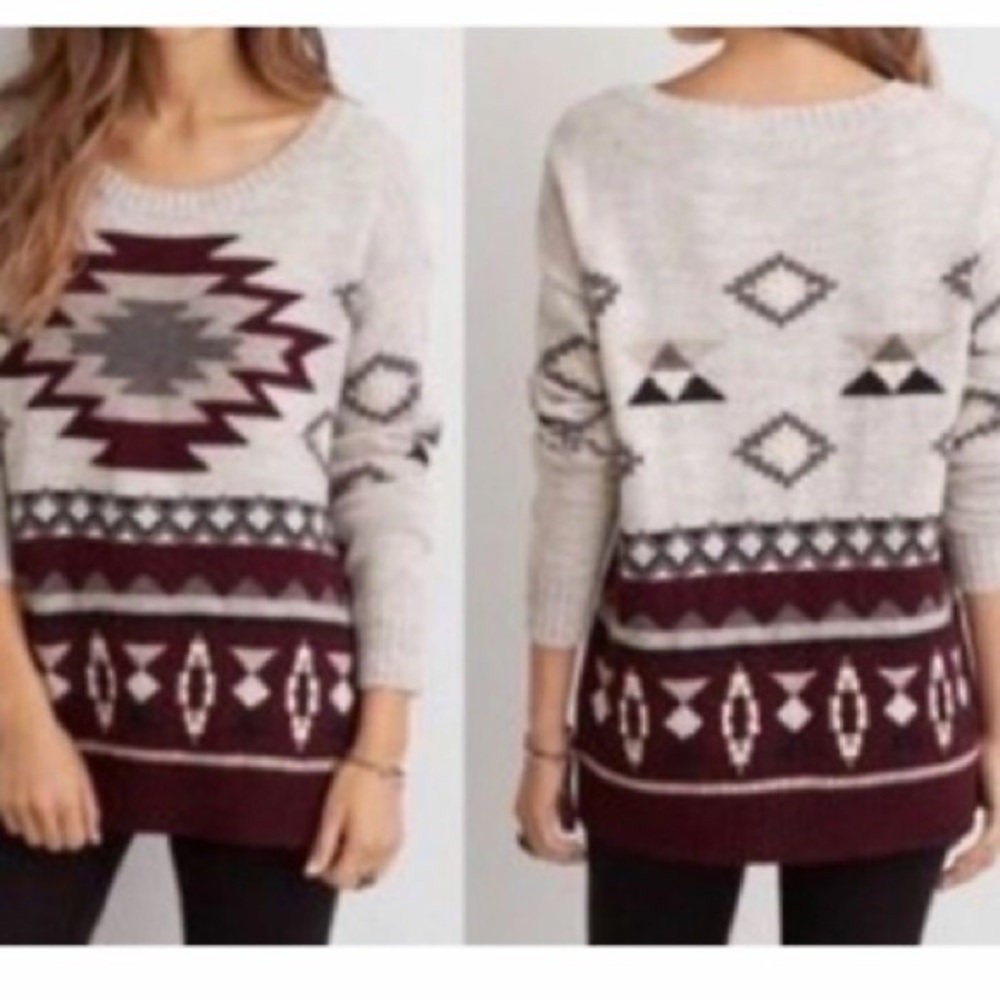 American Eagle Aztec Print Wool Blend Crewneck Pullover Sweater Size Medium